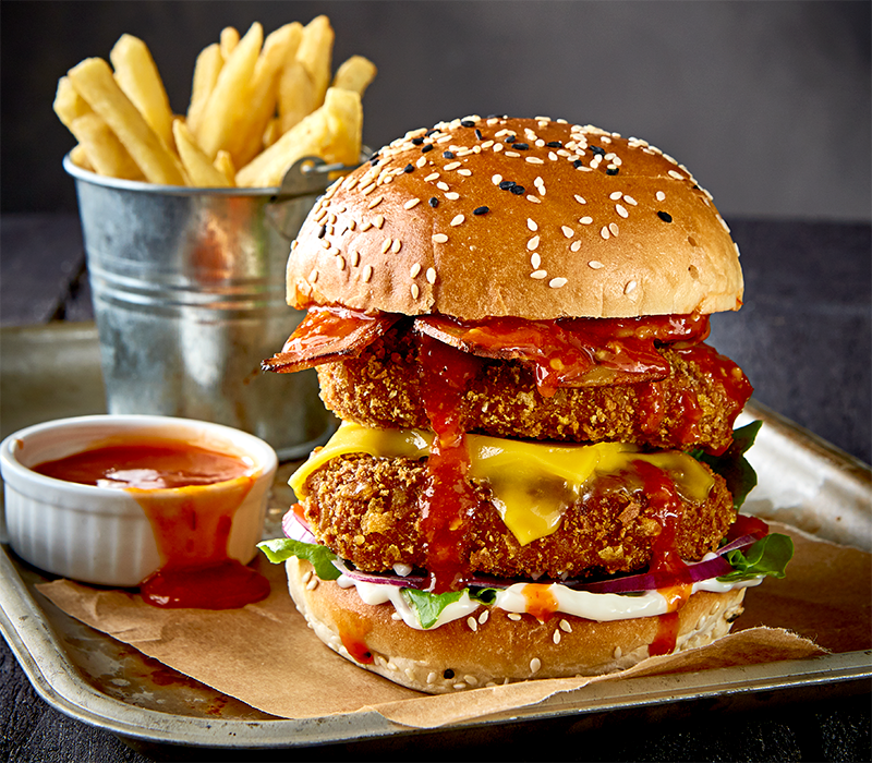 vegan fried chicken burger and chips