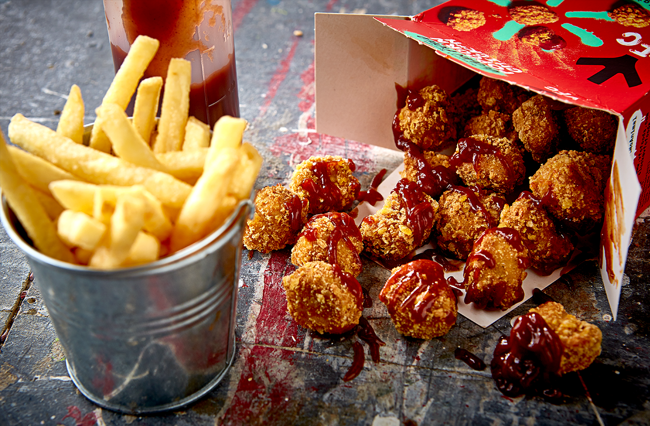 vegan fried popcorn chicken and chips