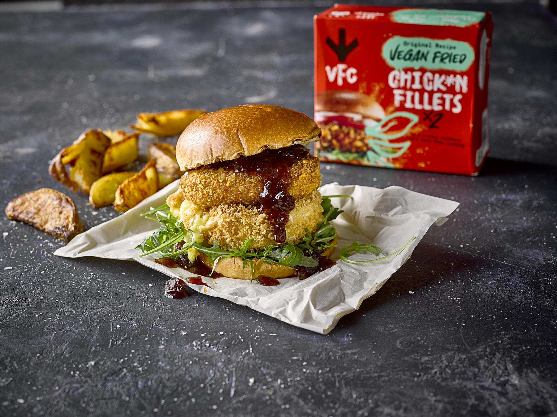 VFC vegan fried chicken burger with vega camembert